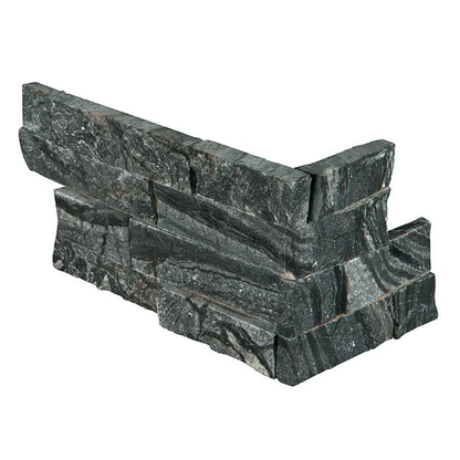Glacial Black stacked stone corner piece, close up product view