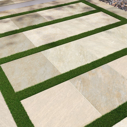 Golden White Arterra Porcelain Pavers shown installed in a finished outdoor or living space