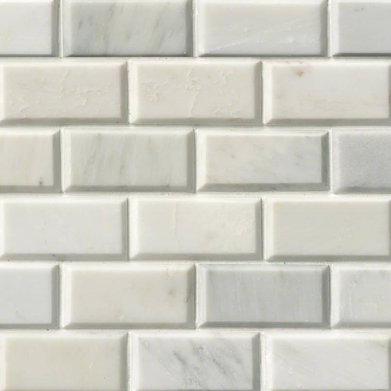 Greecian White 2x4 Beveled Marble Mosaic in polished finish, close up sheet view