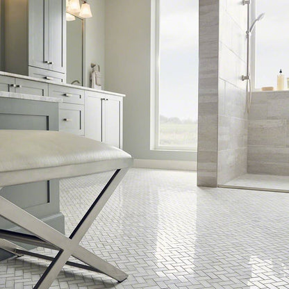 Greecian White Herringbone Marble Mosaic installed in a finished room