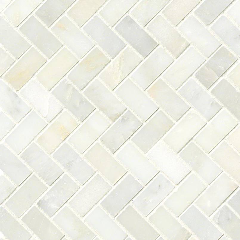 Greecian White Herringbone Marble Mosaic in polished finish, close up sheet view