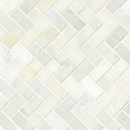 Greecian White Herringbone Marble Mosaic in polished finish, close up sheet view