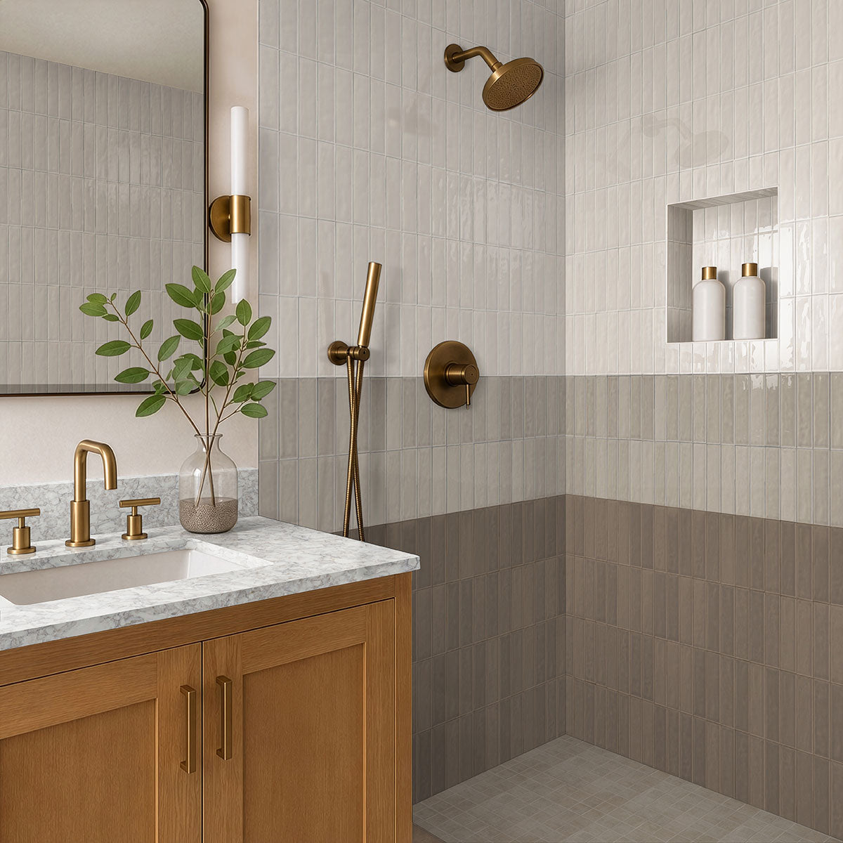 Gridscale Gris ceramic tile installed in a bathroom setting