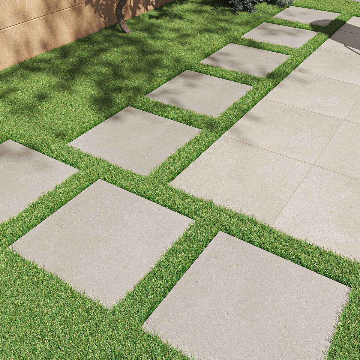 Gritzo Almond Arterra Porcelain Pavers shown installed in a finished outdoor or living space