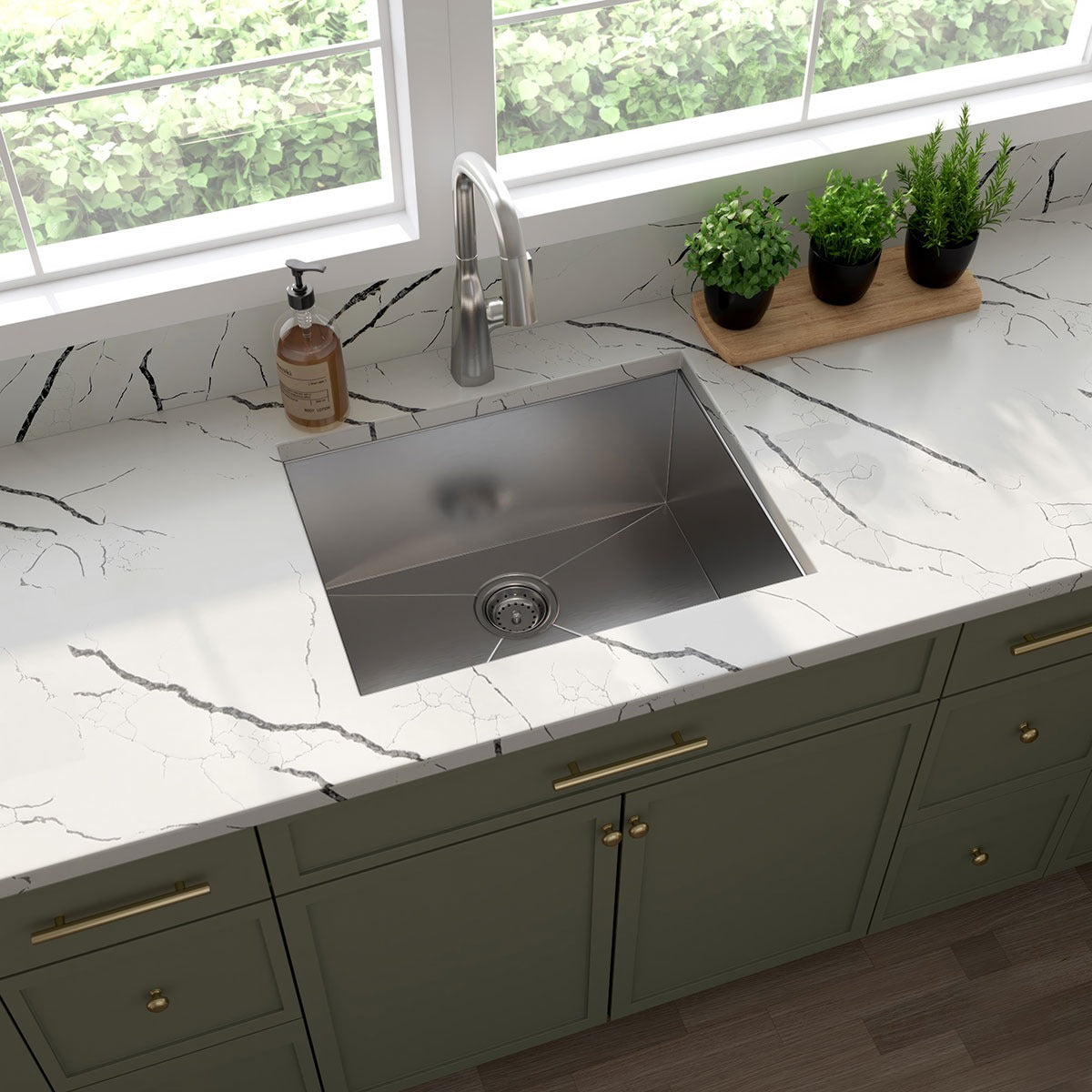 Handcrafted 23" x 18" Stainless Steel Undermount Kitchen Sink in Stainless Steel, installed close up