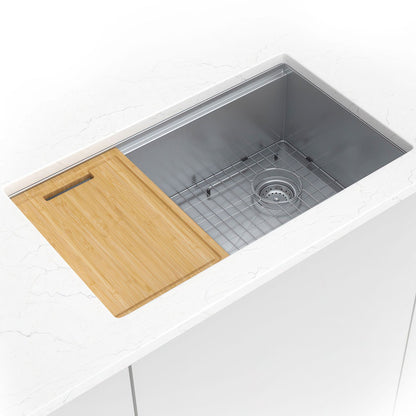 Handcrafted 33" x 19" Stainless Steel Undermount Kitchen Sink with Workstation in Stainless Steel, installed close up