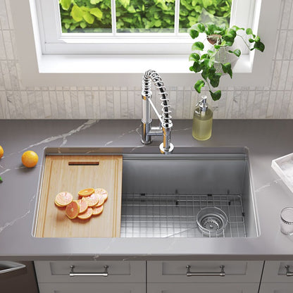 Handcrafted 33" x 19" Stainless Steel Undermount Kitchen Sink with Workstation in Stainless Steel, installed in a room setting