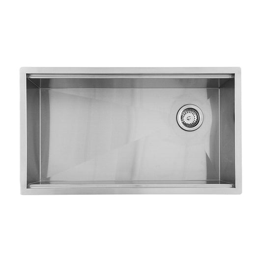 Handcrafted 33" x 19" Stainless Steel Undermount Kitchen Sink with Workstation, Stainless Steel, top view on white