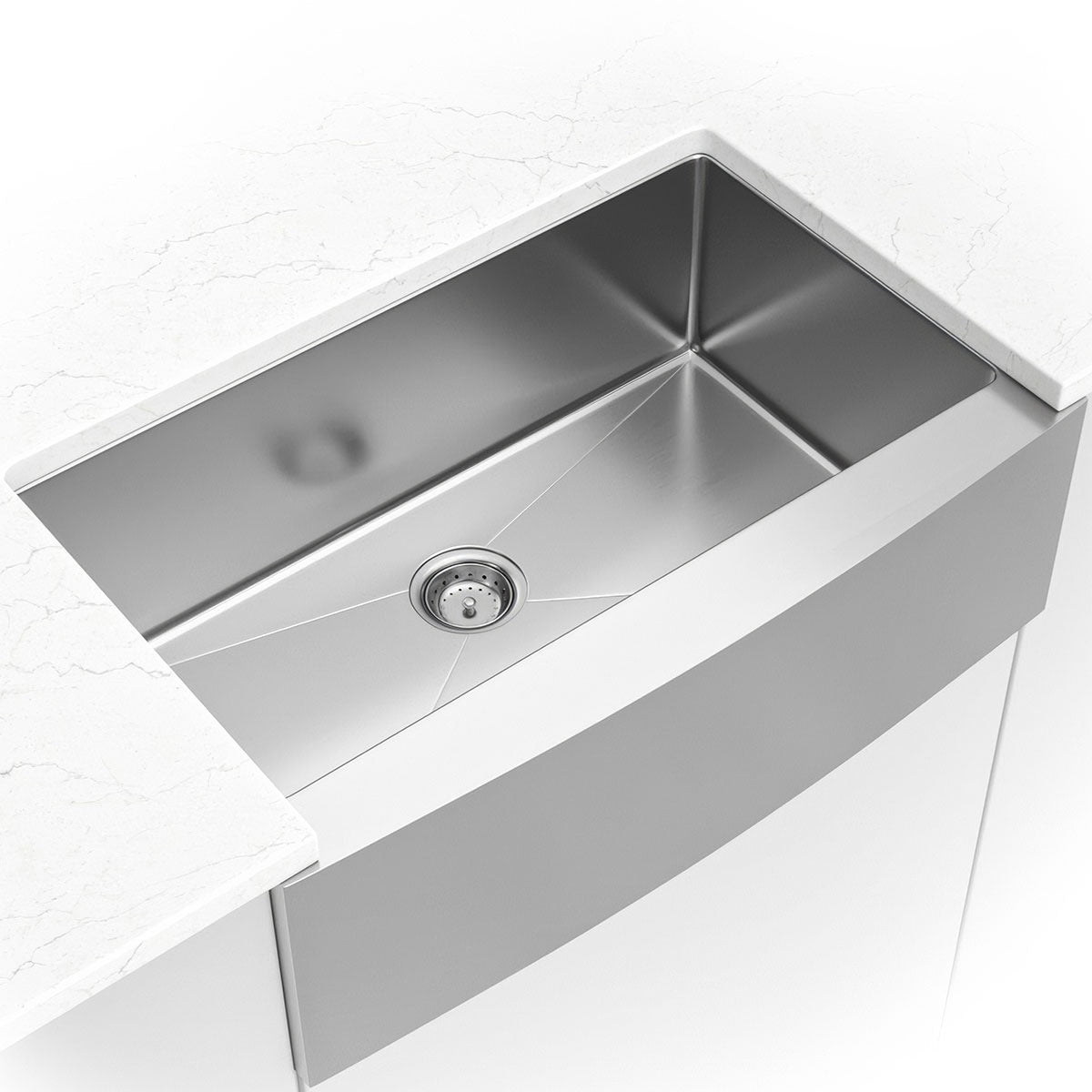 Handcrafted 33" x 21" Stainless Steel Apron / Farmhouse Kitchen Sink in Stainless Steel, installed close up