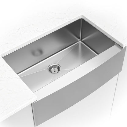 Handcrafted 33" x 21" Stainless Steel Apron / Farmhouse Kitchen Sink in Stainless Steel, installed close up