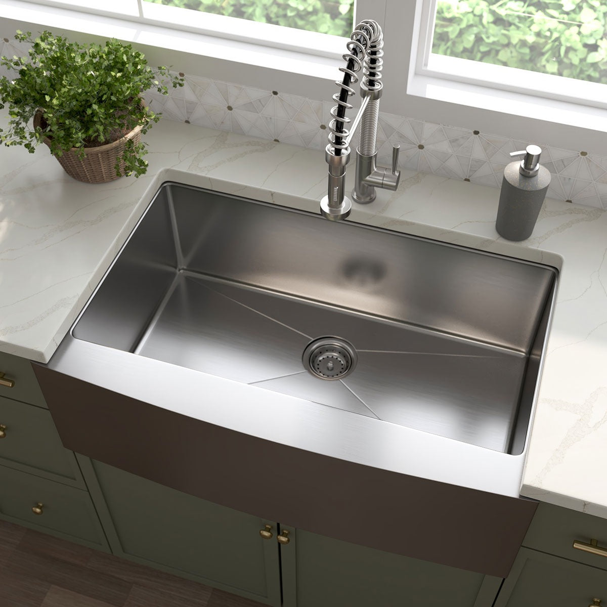 Handcrafted 33" x 21" Stainless Steel Apron / Farmhouse Kitchen Sink in Stainless Steel, installed in a room setting