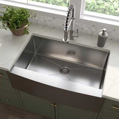 Handcrafted 33" x 21" Stainless Steel Apron / Farmhouse Kitchen Sink in Stainless Steel, installed in a room setting