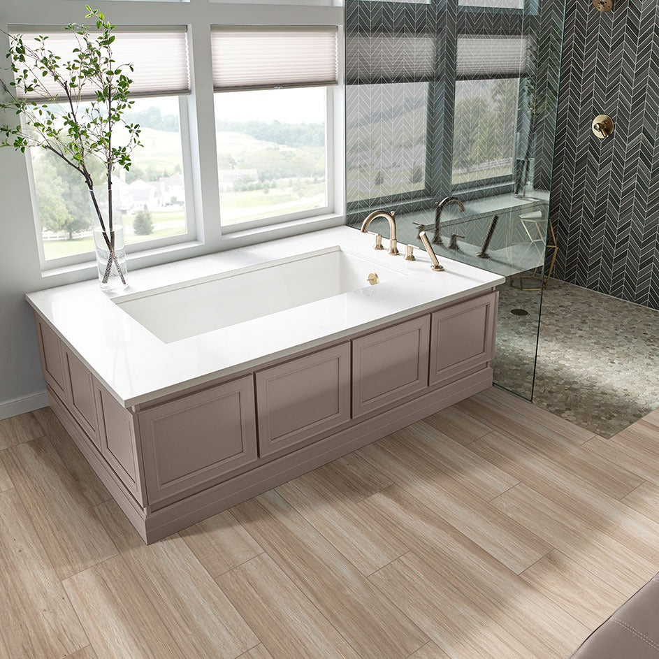 Havenwood Beige porcelain tile shown in a finished room, scene 3