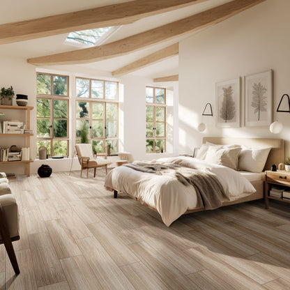 Havenwood Beige porcelain tile shown in a finished room, scene 4