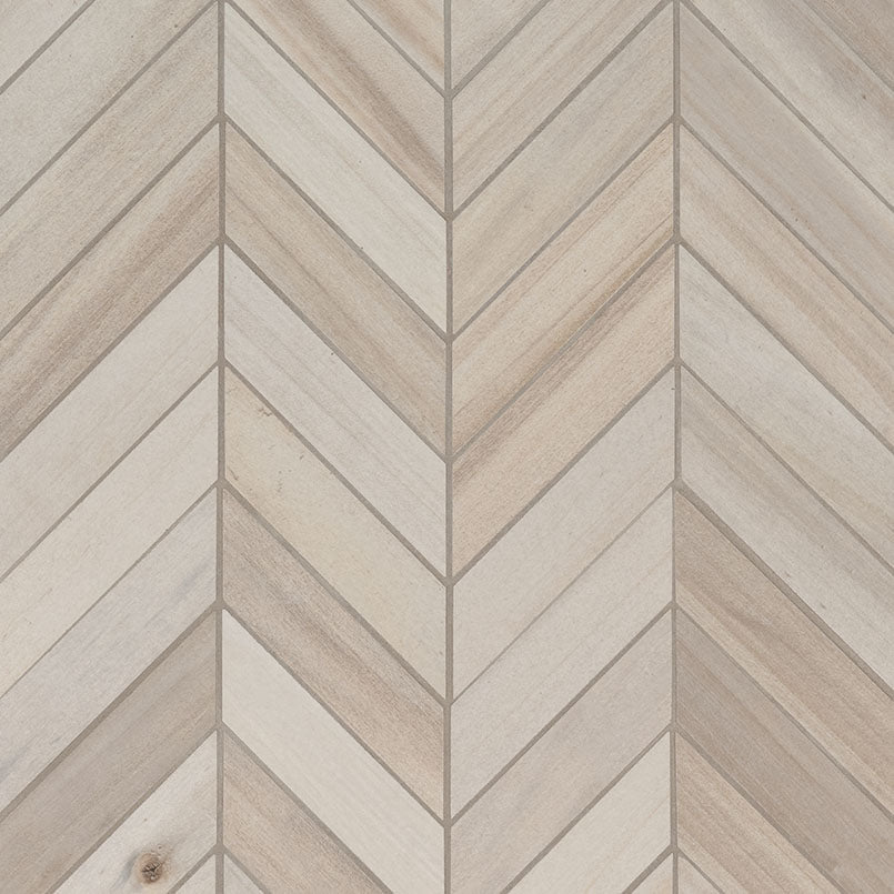 Havenwood Dove 12x15 Chevron Porcelain Mosaic in matte finish, close up sheet view