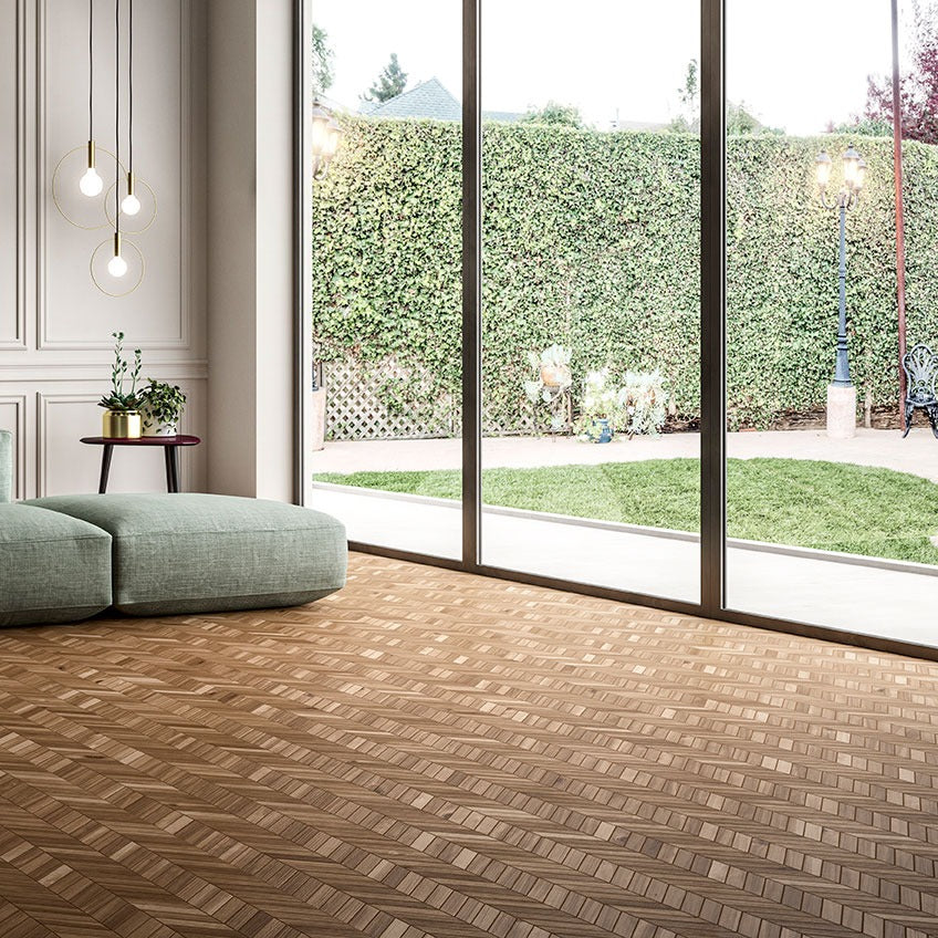 Havenwood Saddle 12x15 Chevron Porcelain Mosaic installed in a finished room
