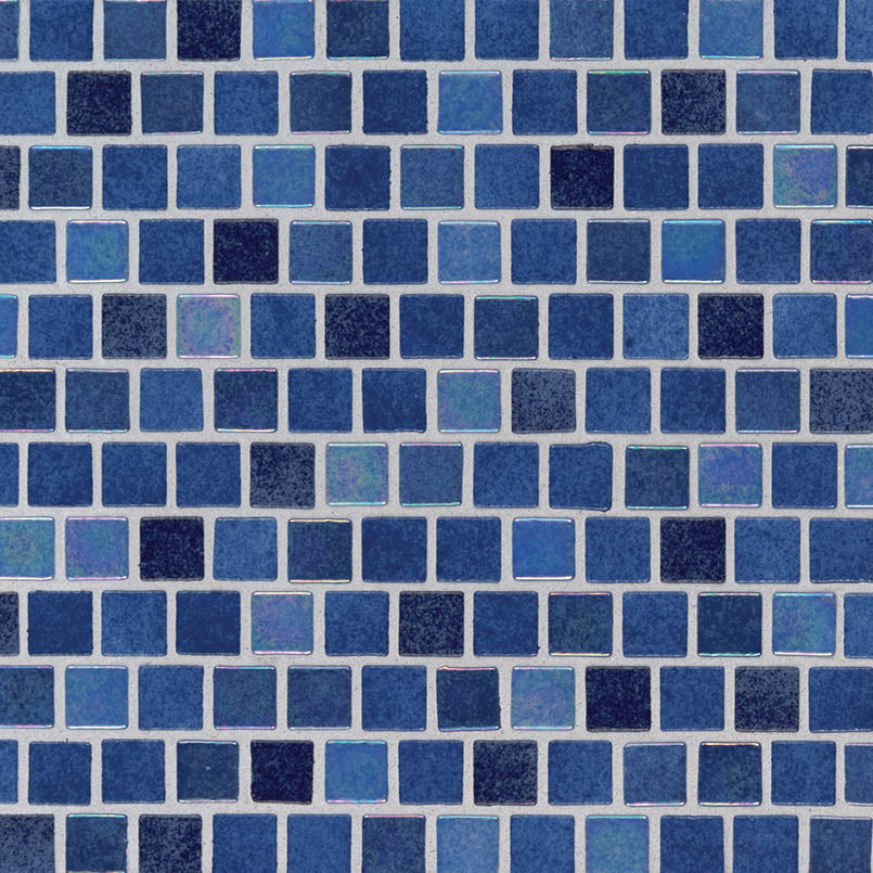 Hawaiian Blue 1x1 Recycled Glass Mosaic in mixed finish, close up sheet view
