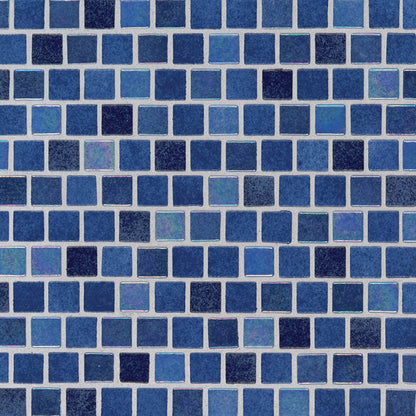 Hawaiian Blue 1x1 Recycled Glass Mosaic in mixed finish, close up sheet view