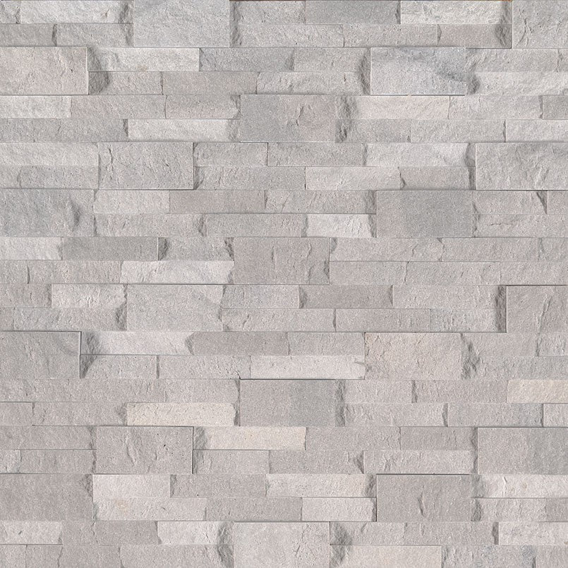 Iceland Gray stacked stone wall panels, close up product view showing color and texture