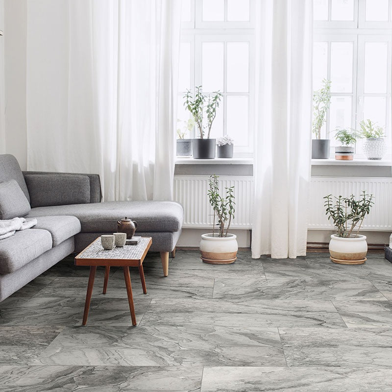 Kaya Onda Gray porcelain tile shown in a finished room