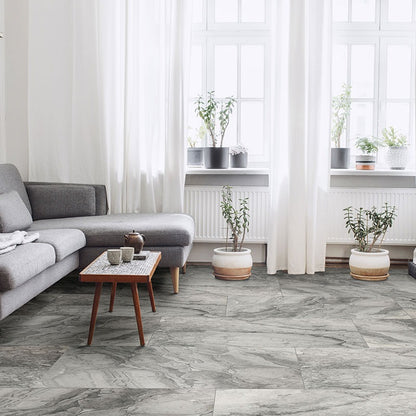 Kaya Onda Gray porcelain tile shown in a finished room