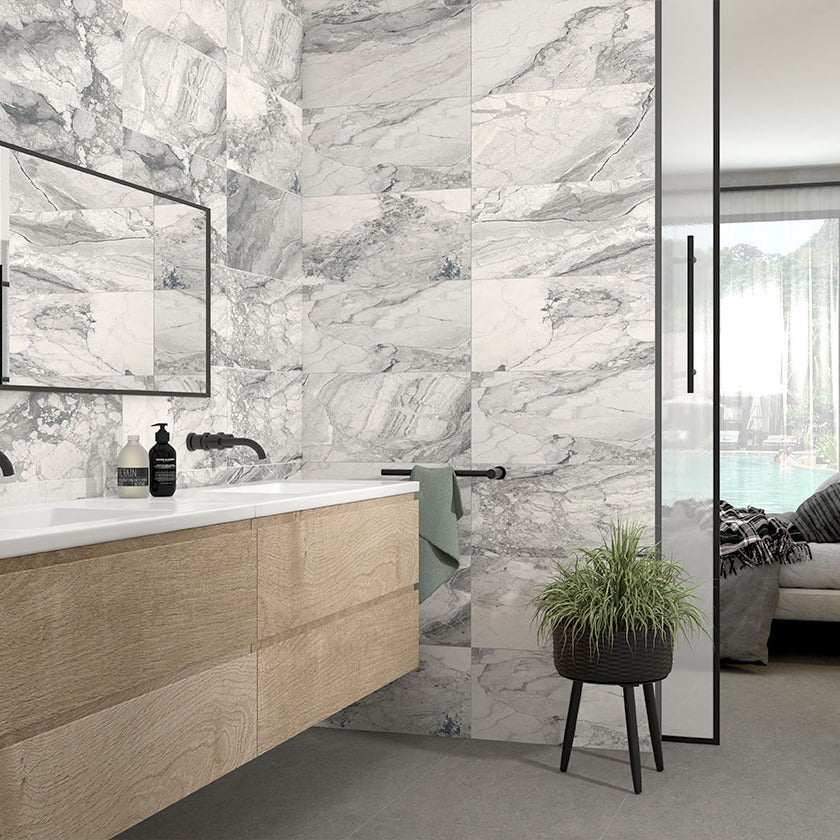 Kaya Onda Gray porcelain tile shown in a finished room, scene 2