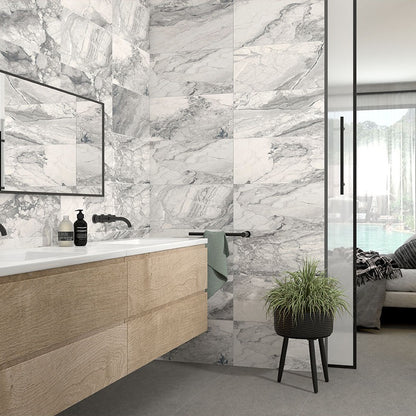 Kaya Onda Gray porcelain tile shown in a finished room, scene 2
