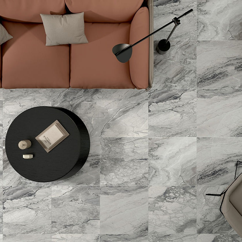 Kaya Onda Gray porcelain tile shown in a finished room, scene 3