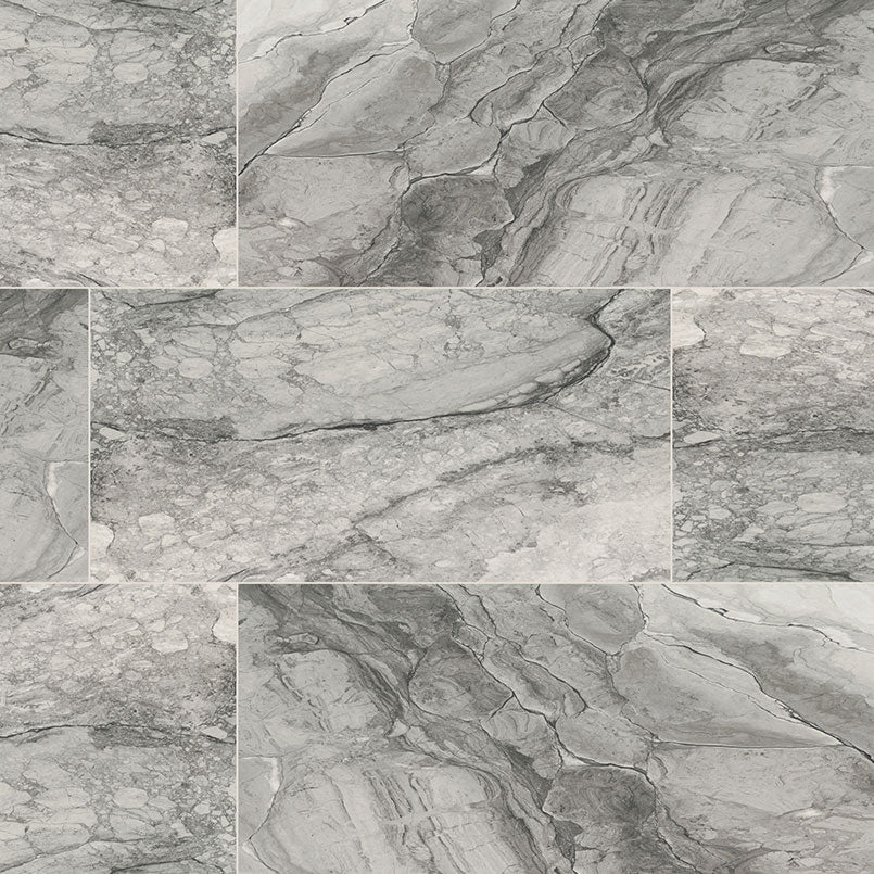 Kaya Onda Gray marble look porcelain tile, matte finish, 12 by 24 inch view