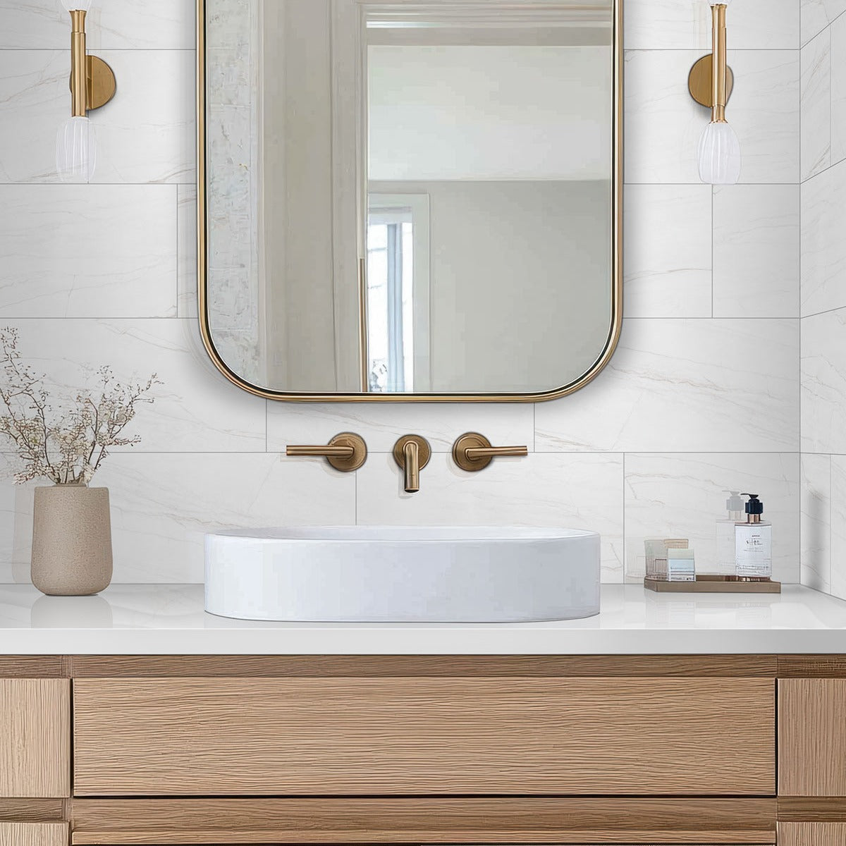 Kaya Zermatta Blanca porcelain tile installed in a bathroom setting
