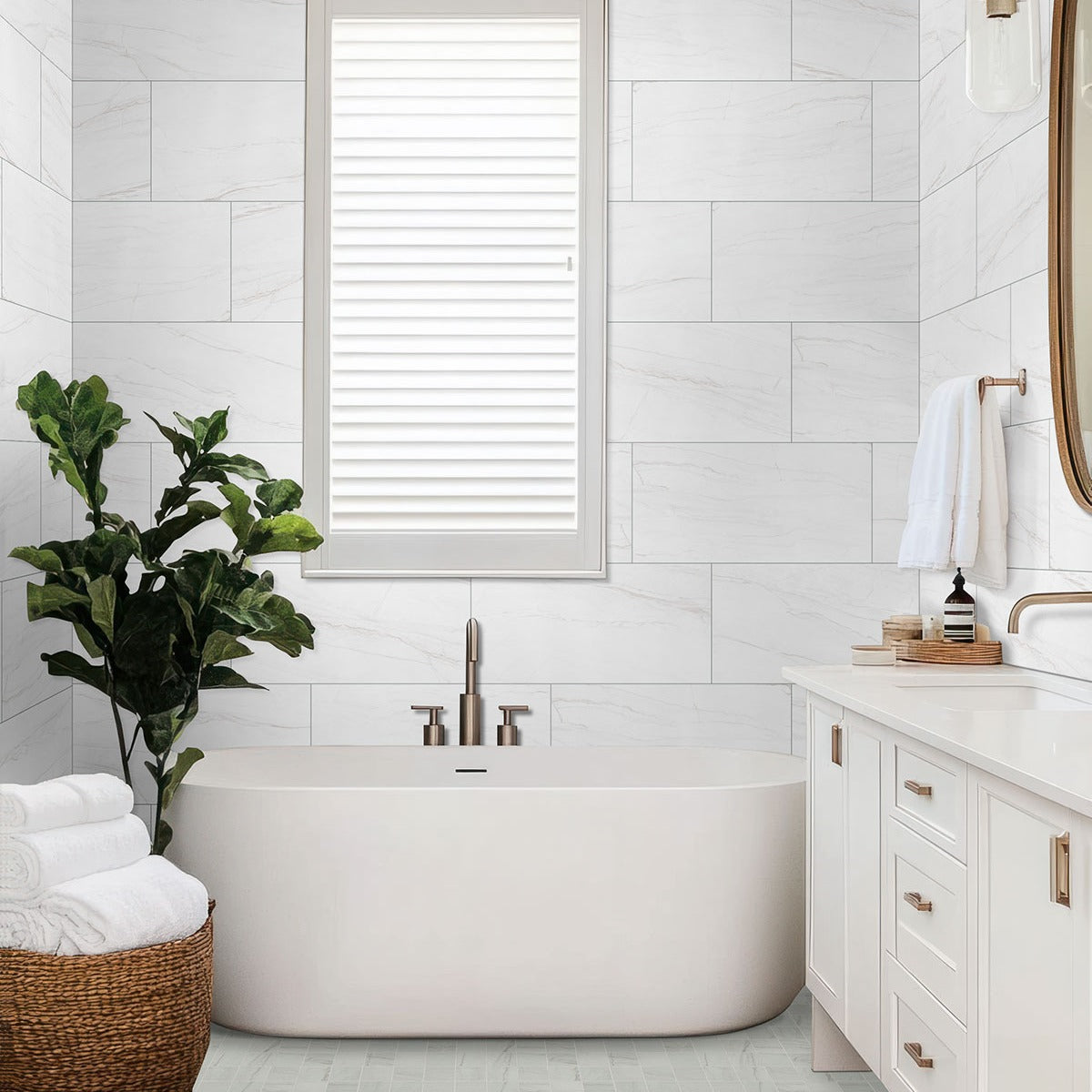 Kaya Zermatta Blanca porcelain tile installed in a bathroom setting, scene 2