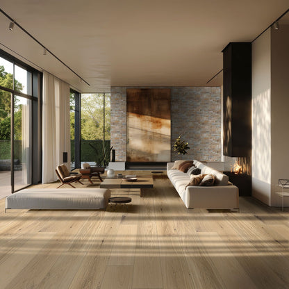 Ladson Tualatin Blonde engineered wood flooring installed in a living room