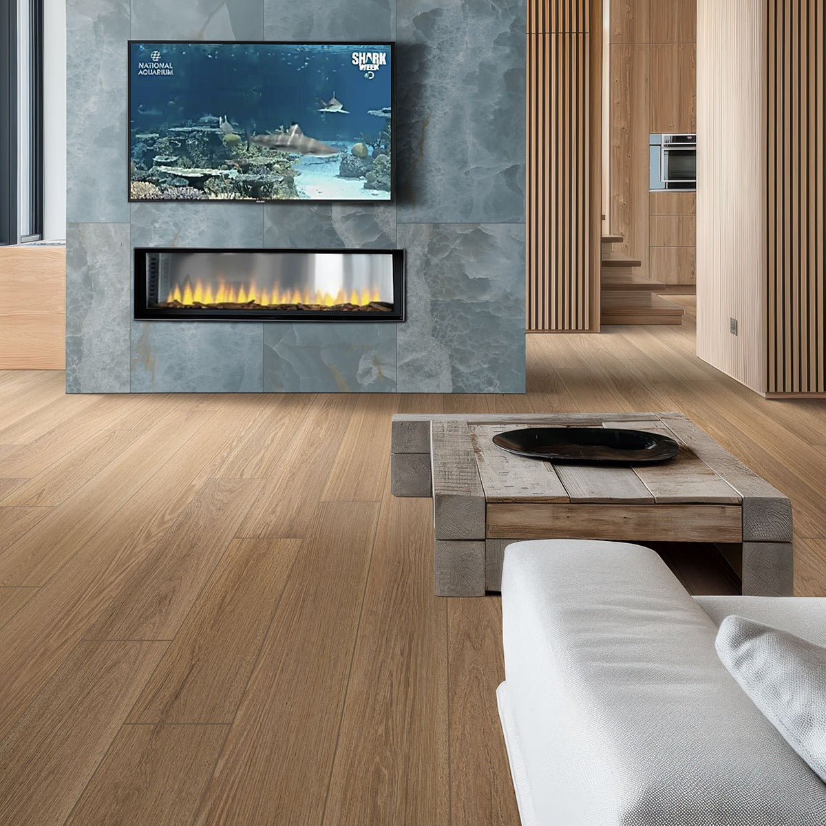 Ladson Tualatin Blonde engineered wood flooring installed in a living room