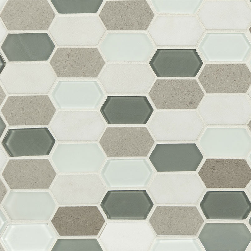 Lascari Picket Stone and Glass Mosaic in mixed finish, close up sheet view