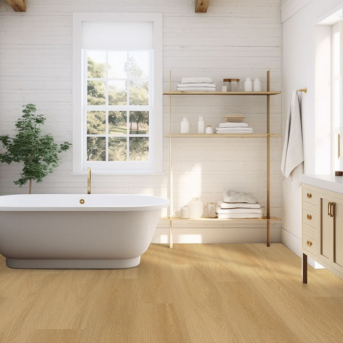 Laurel Bayside Buff rigid core SPC vinyl plank flooring installed in a bathroom