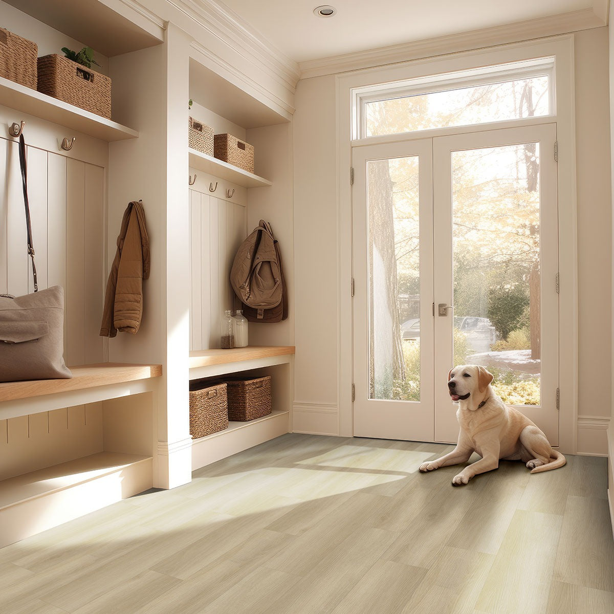 Laurel Flaxen rigid core SPC vinyl plank flooring installed in a entryway