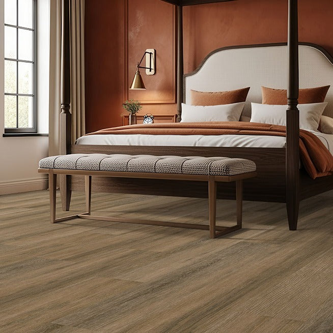 Laurel Hatboro Hills rigid core SPC vinyl plank flooring installed in a bedroom