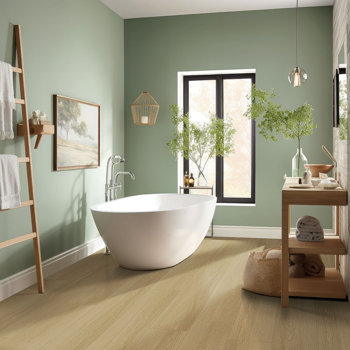 Laurel Reserve Bayside Buff rigid core SPC vinyl plank flooring installed in a bathroom