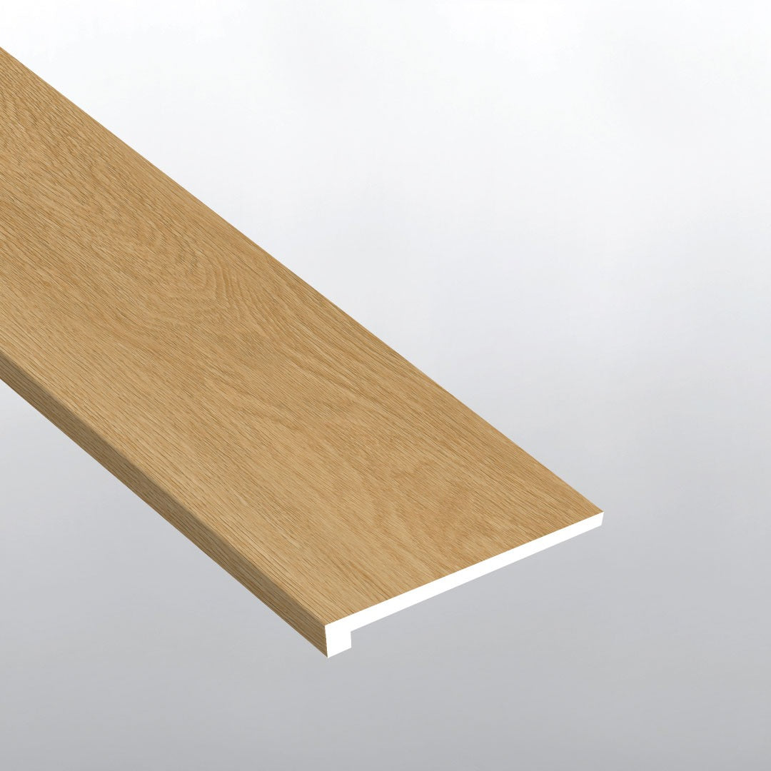 Laurel Reserve Bayside Buff eased edge stair tread trim for rigid core SPC vinyl plank flooring