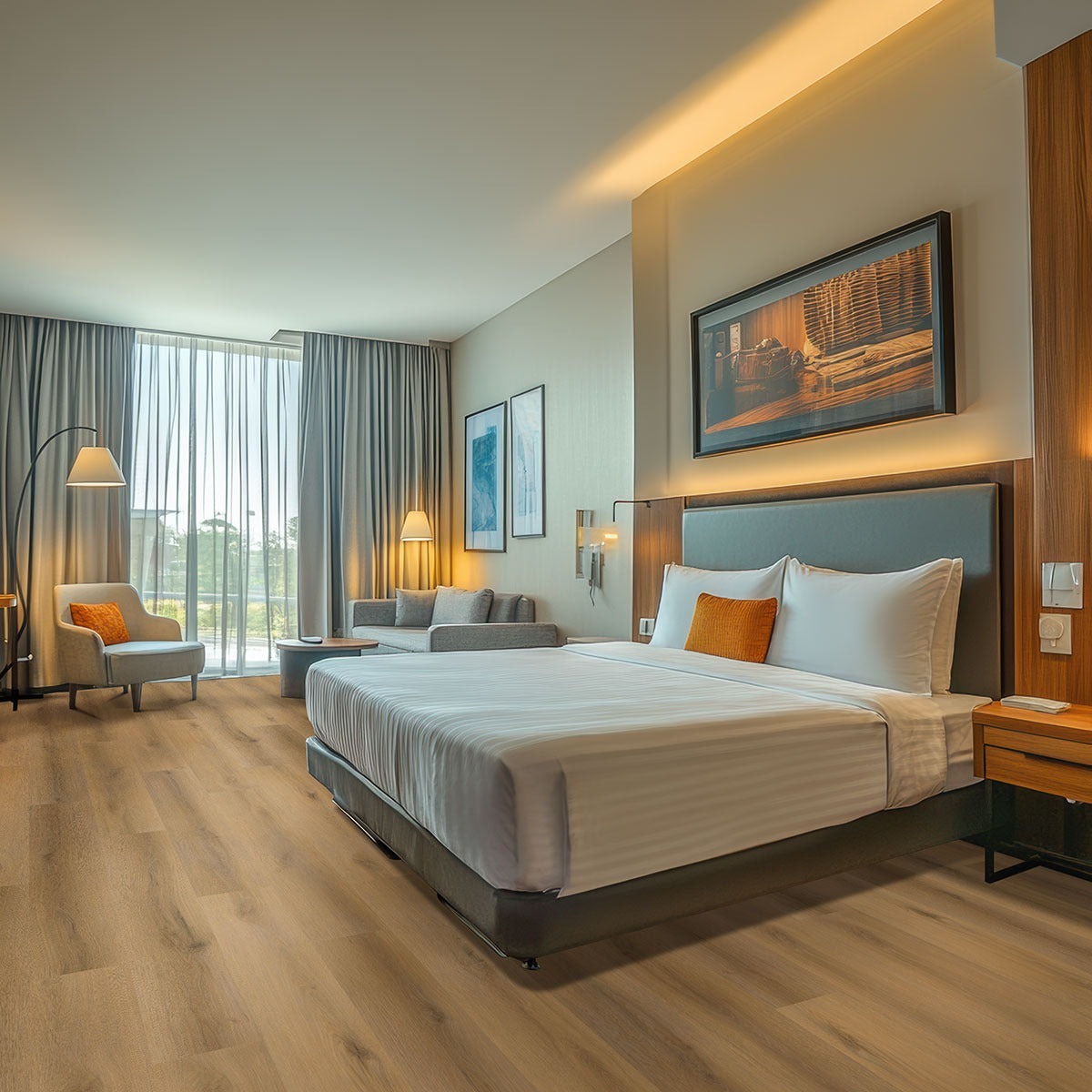 Laurel Reserve Scandi rigid core SPC vinyl plank flooring installed in a bedroom