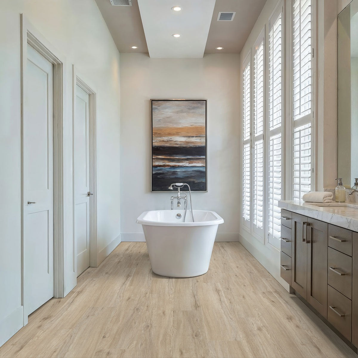 Laurel Reserve Umbervale SPC rigid core vinyl flooring installed in a bathroom