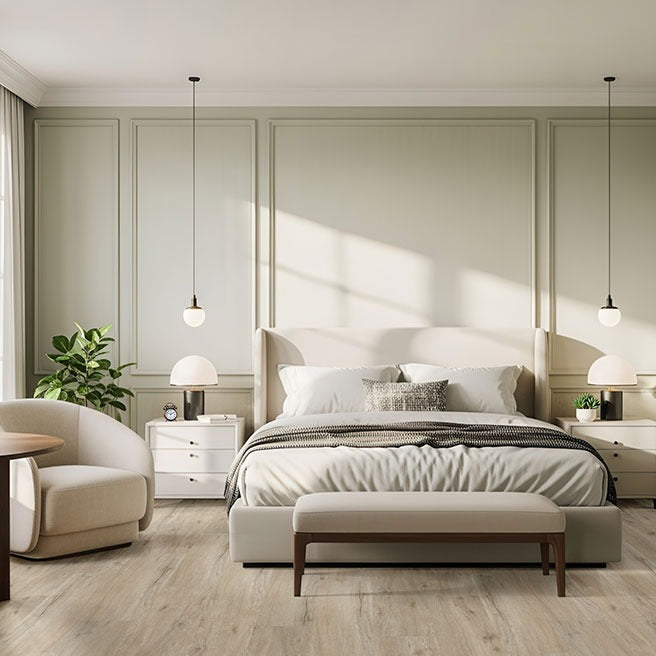 Laurel Reserve Umbervale SPC rigid core vinyl flooring installed in a bedroom