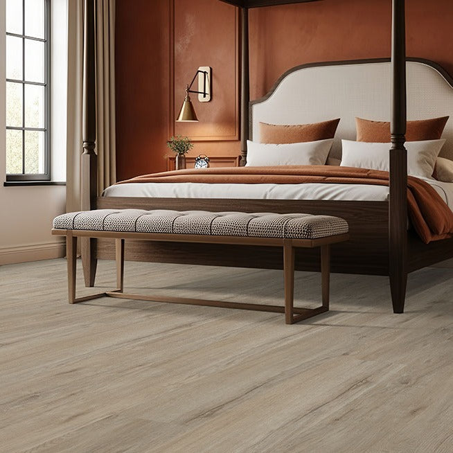 Laurel Umbervale SPC rigid core vinyl flooring installed in a bedroom