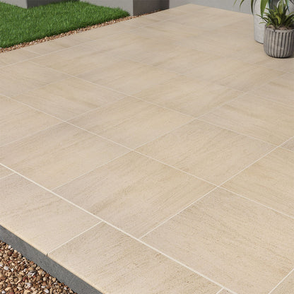 Livingstyle Beige Arterra Porcelain Pavers shown installed in a finished outdoor or living space