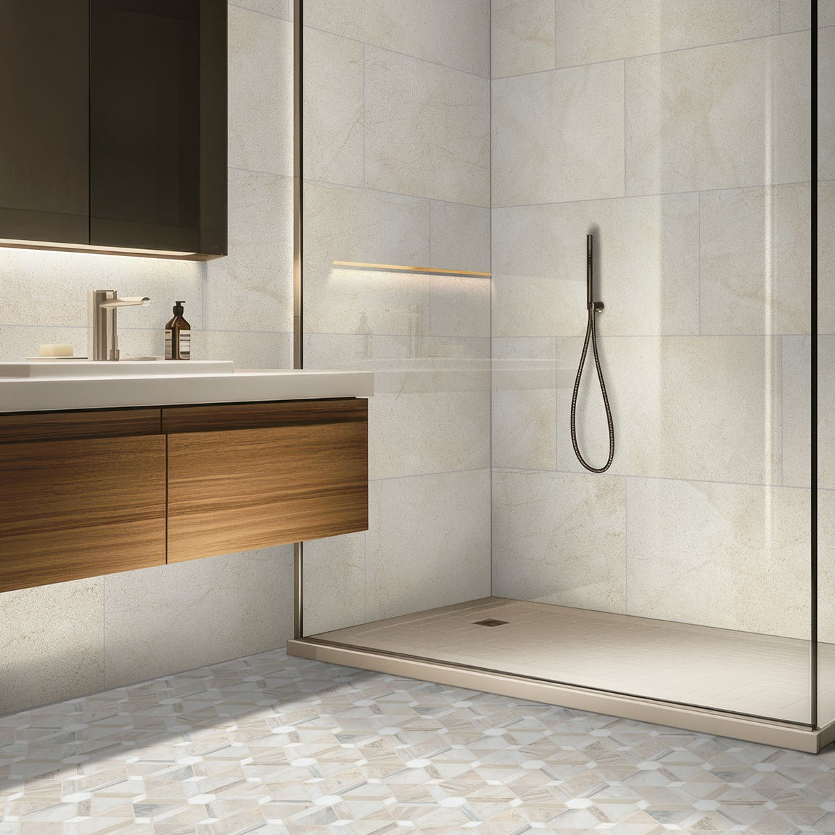 Livingstyle Cream porcelain tile installed in a bathroom setting, scene 3