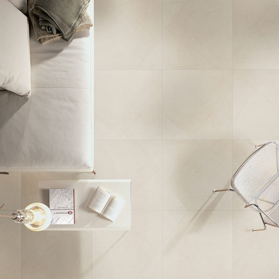 Livingstyle Cream porcelain tile shown in a finished room