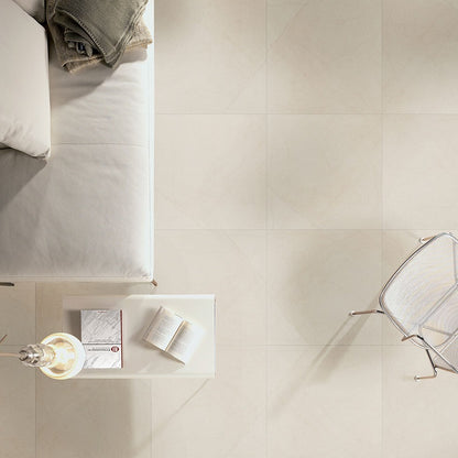 Livingstyle Cream porcelain tile shown in a finished room