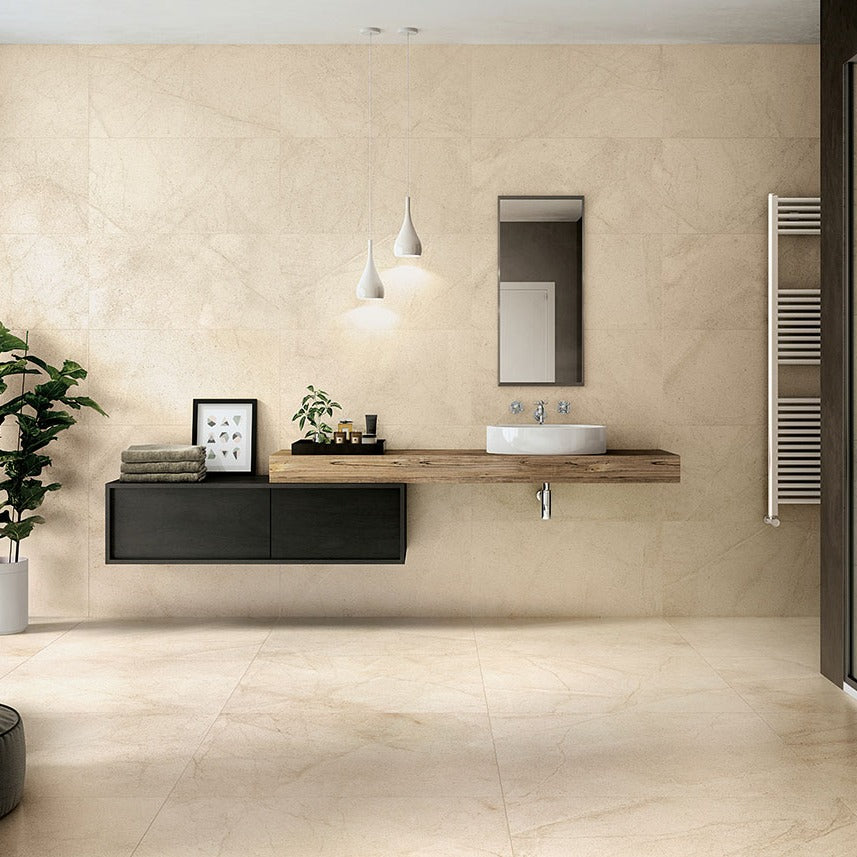 Livingstyle Cream porcelain tile shown in a finished room, scene 4