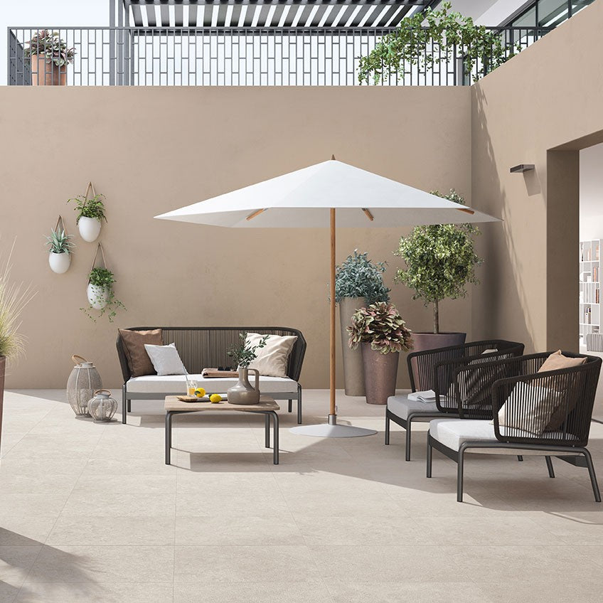 Livingstyle Pearl Arterra Porcelain Pavers shown installed in a finished outdoor or living space