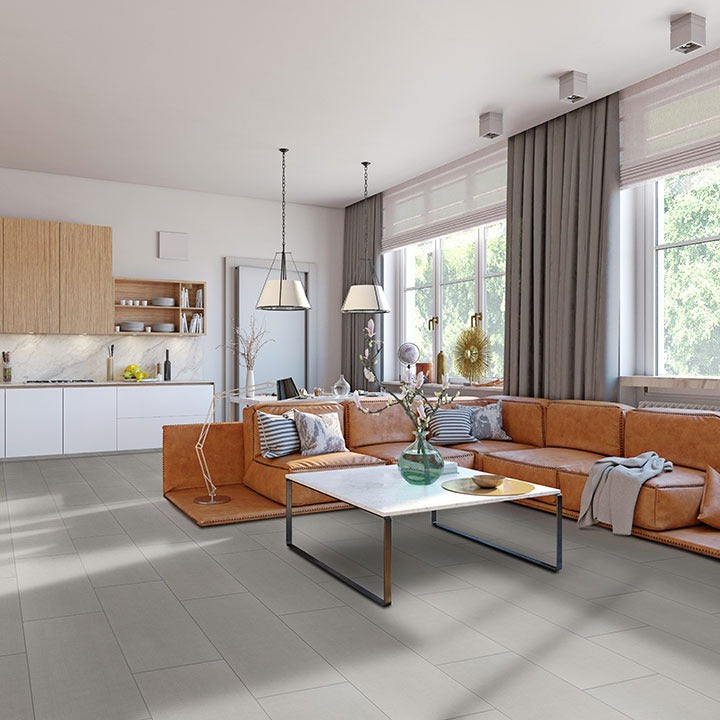 Loft Gris porcelain tile shown in a finished room, scene 2